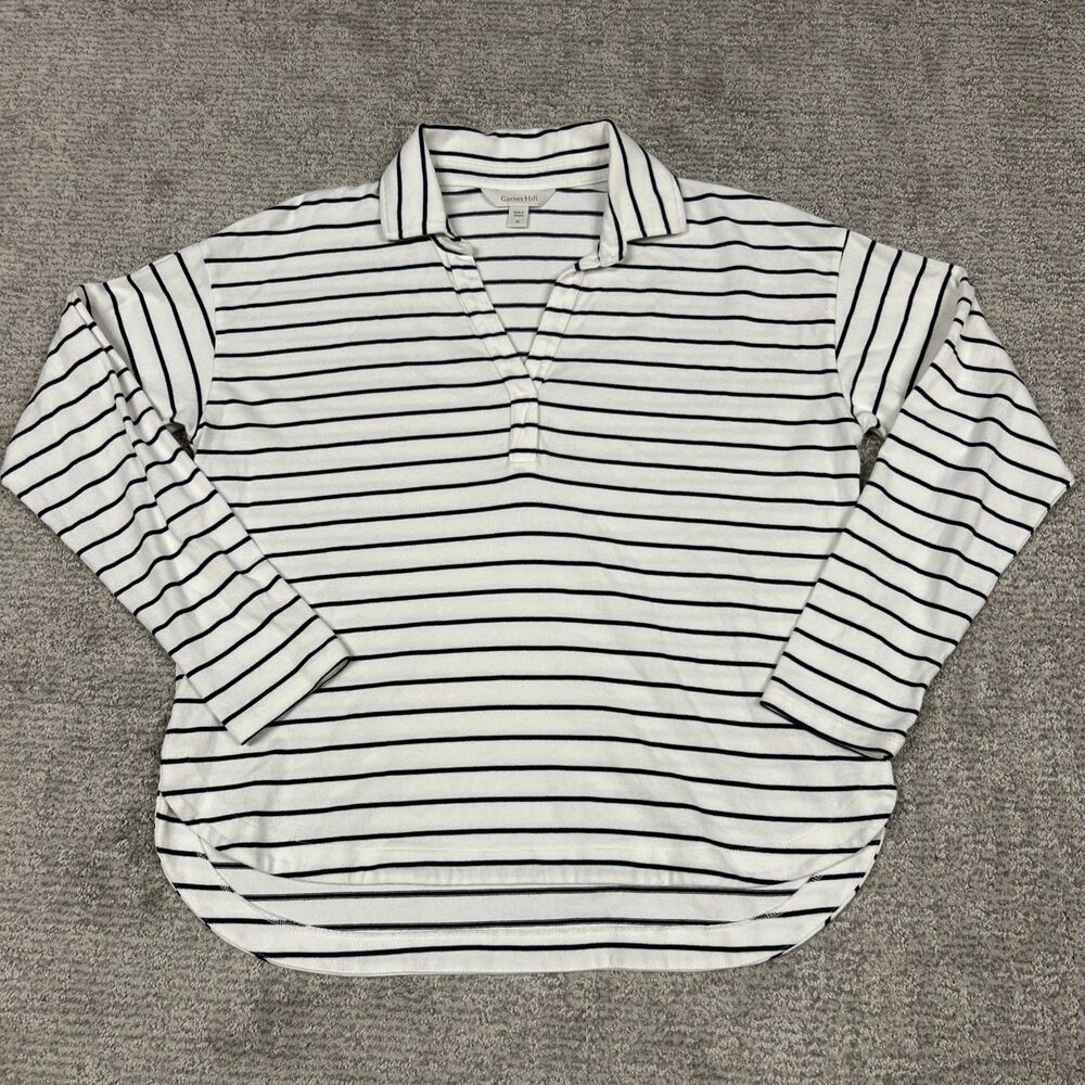 Garnet Hill Shirt Womens Medium Striped Organic Cotton White Navy Top Nautical